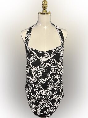 Black White Baroque Print Halter Dress 1X Ruched Bodycon NWT